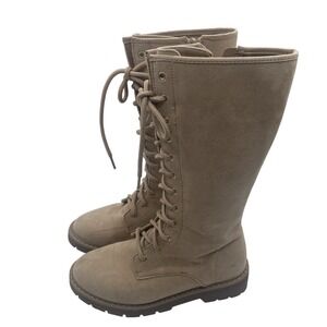 EUC Faux Suede Lace Up‎ Side Zip Combat Boots Beige Casual Girls Youth 3 School